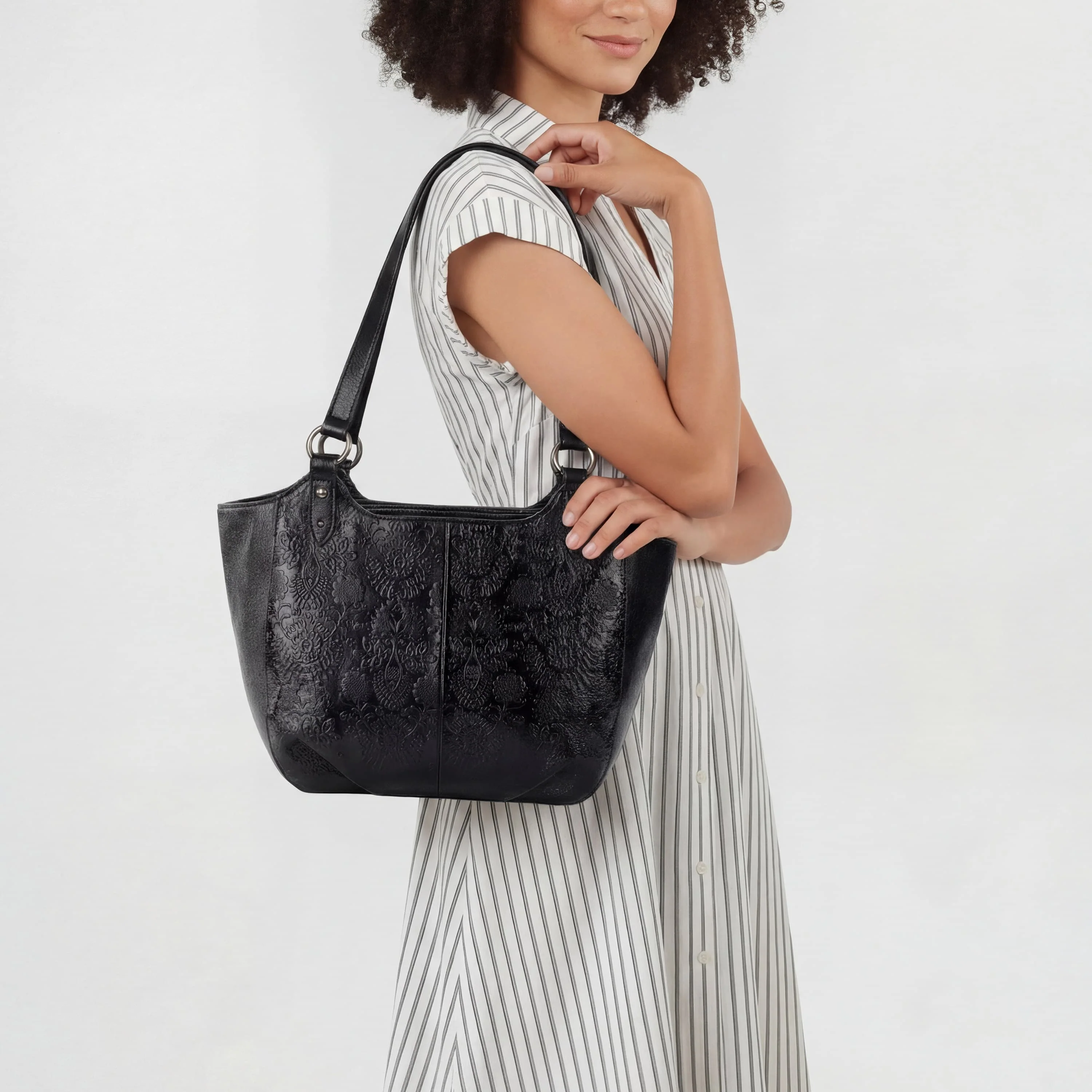 Bolinas Satchel - Leather - Black Floral Embossed - Image 2