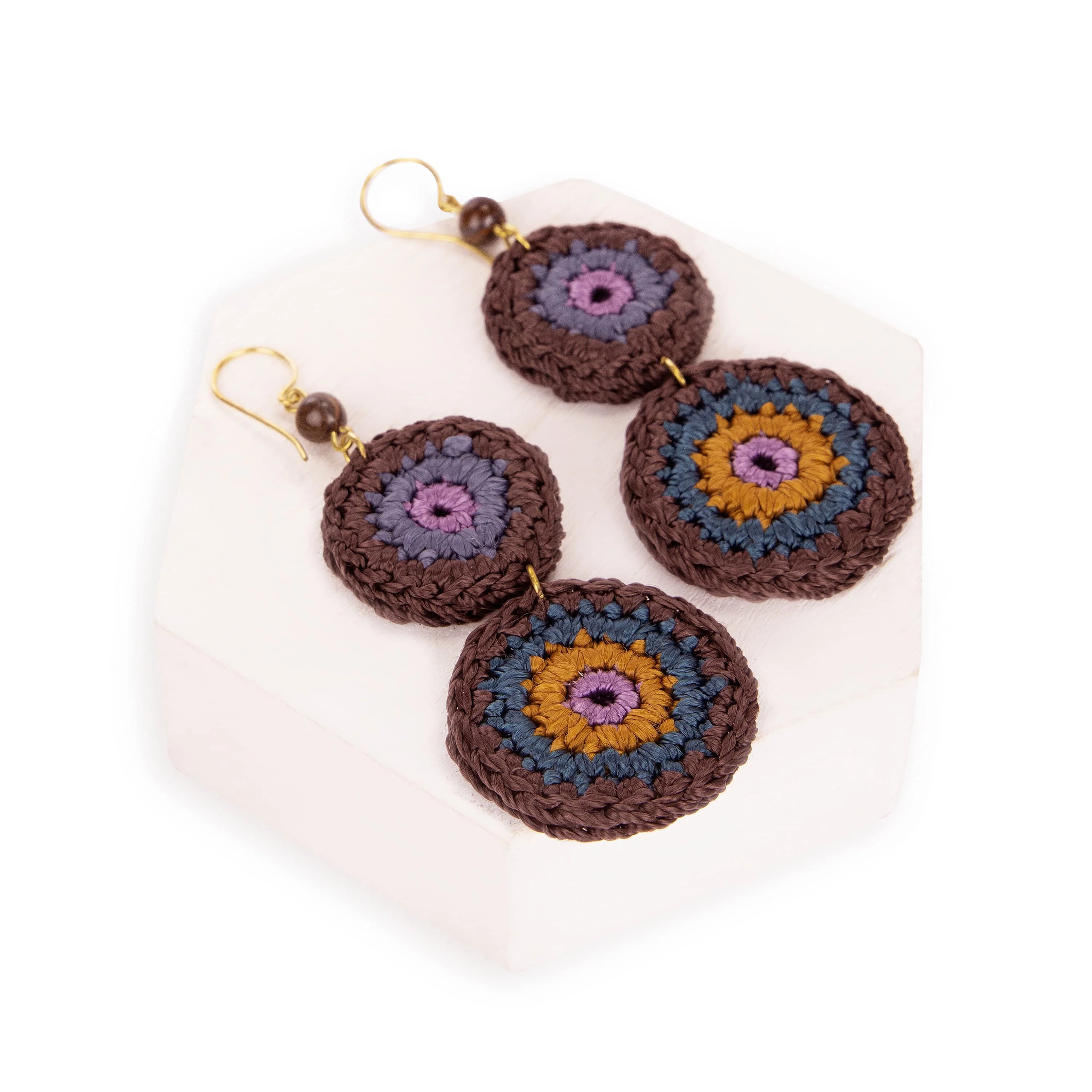 Jasper Double Disc Earrings - Hand Crochet - Brown Stripe - Image 3