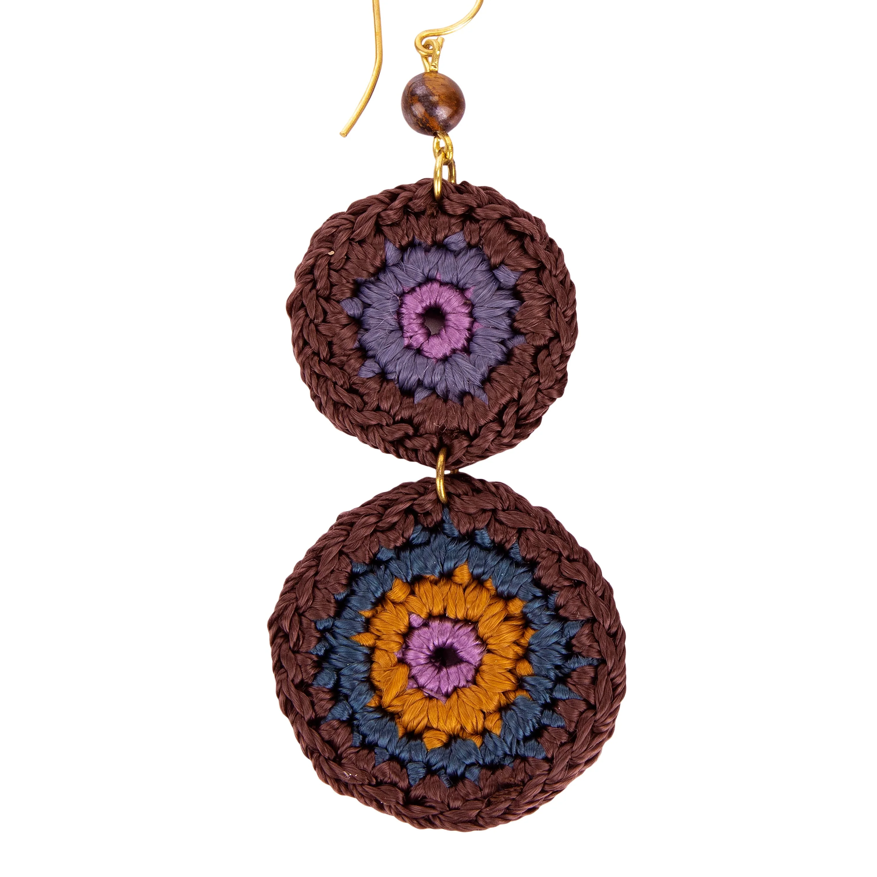 Jasper Double Disc Earrings - Hand Crochet - Brown Stripe - Image 4