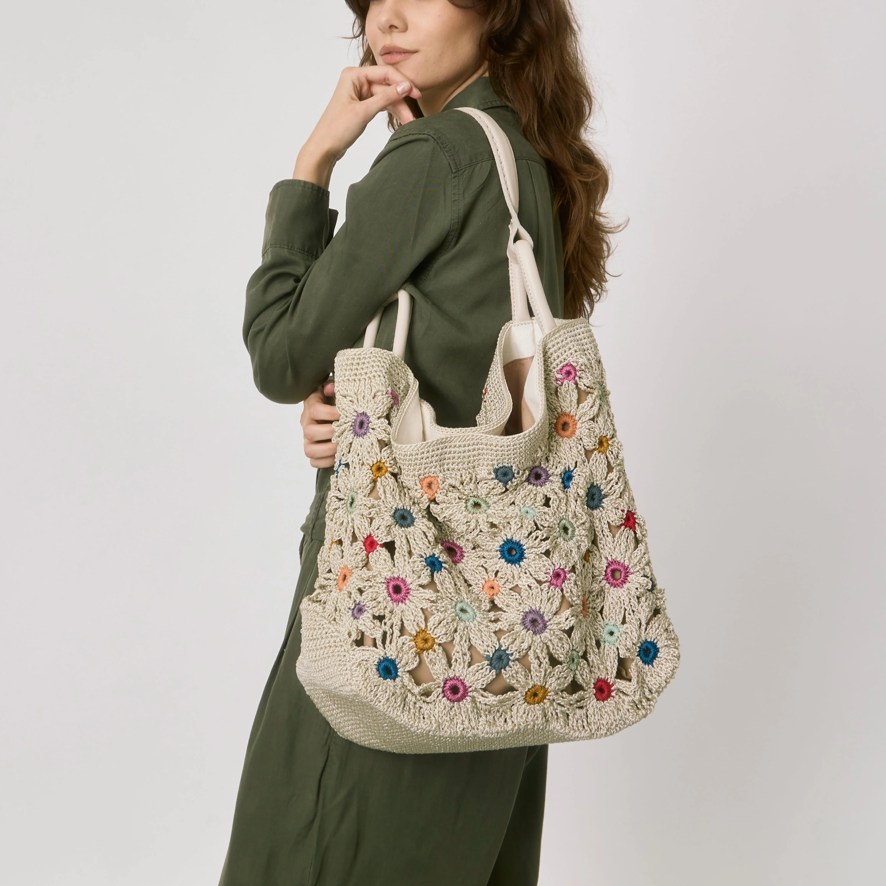 Los Feliz Large Tote - Hand Crochet - Natural Multi Flowers - Image 3