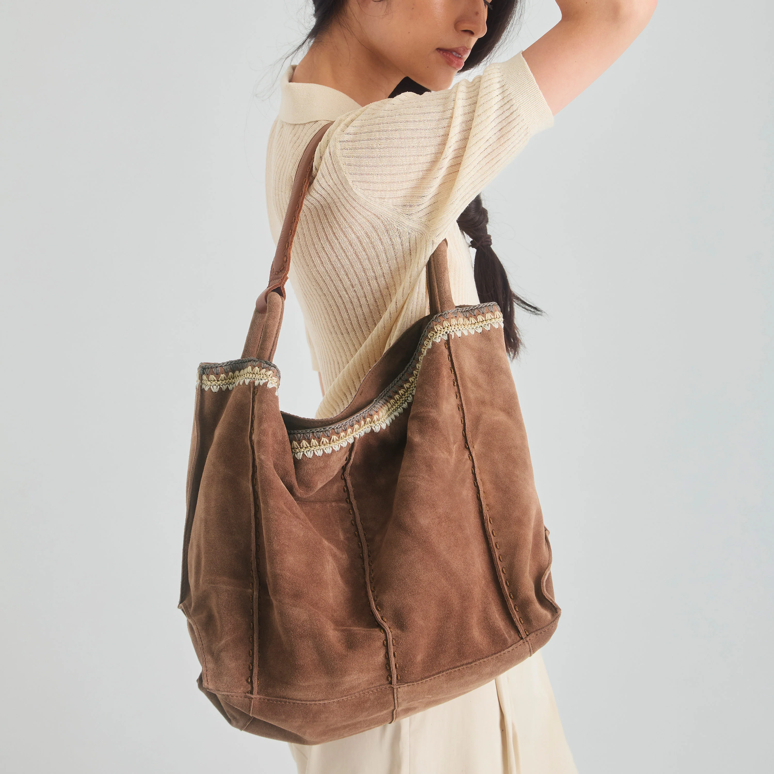 Los Feliz Large Tote - Leather - Tobacco Suede Blanket Stitch - Image 5